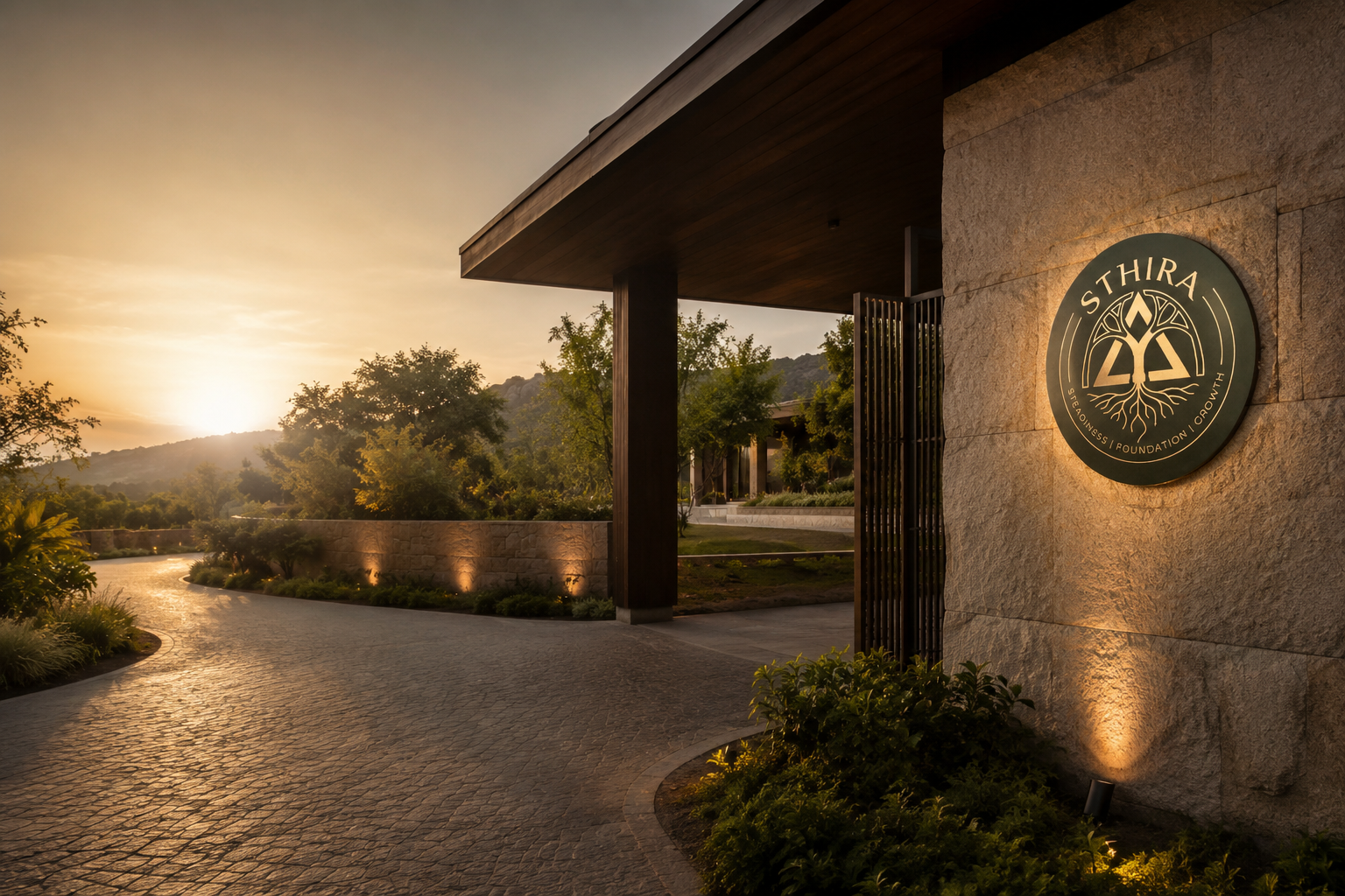 STHIRA estate entrance at golden hour