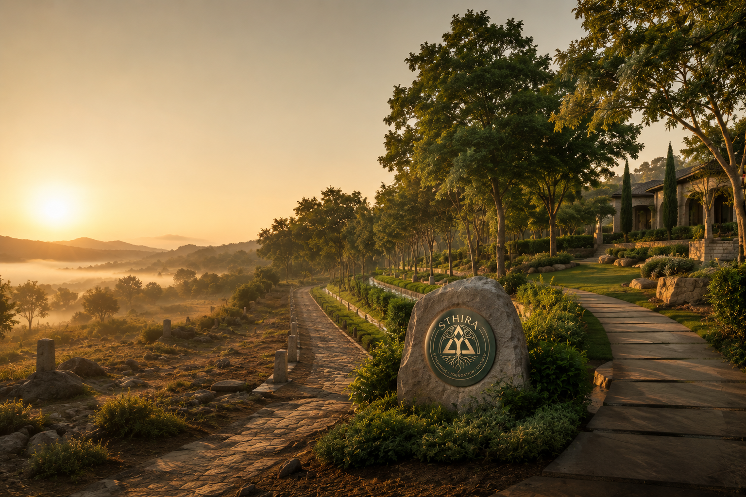 STHIRA estate at sunrise with stone path